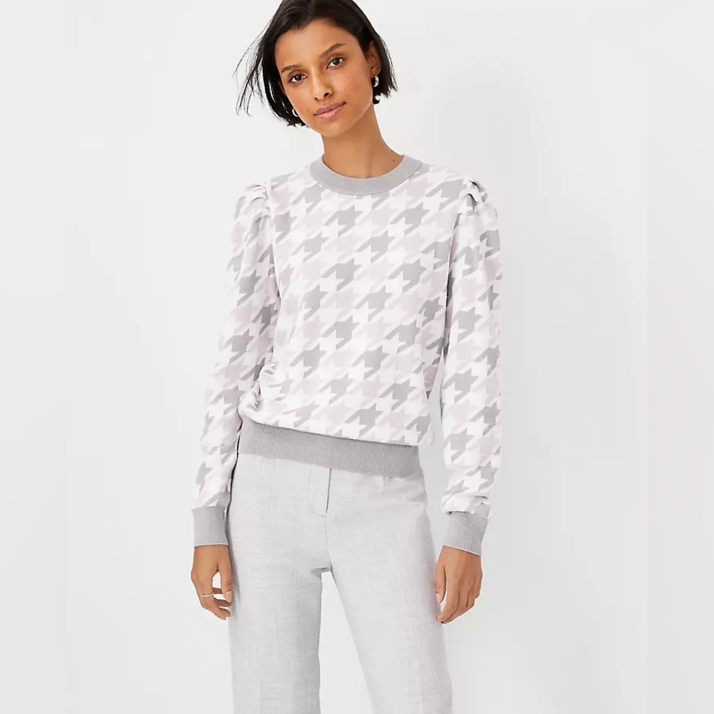 Ann Taylor Gray Houndstooth Puff Sleeve Sweater Size MP